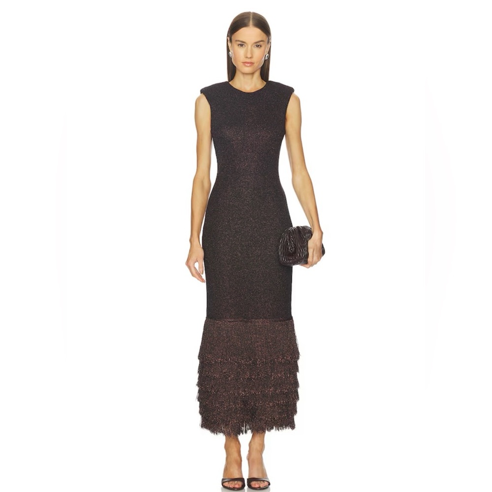Aje Black Metallic Midi Dress with Fringe Hem